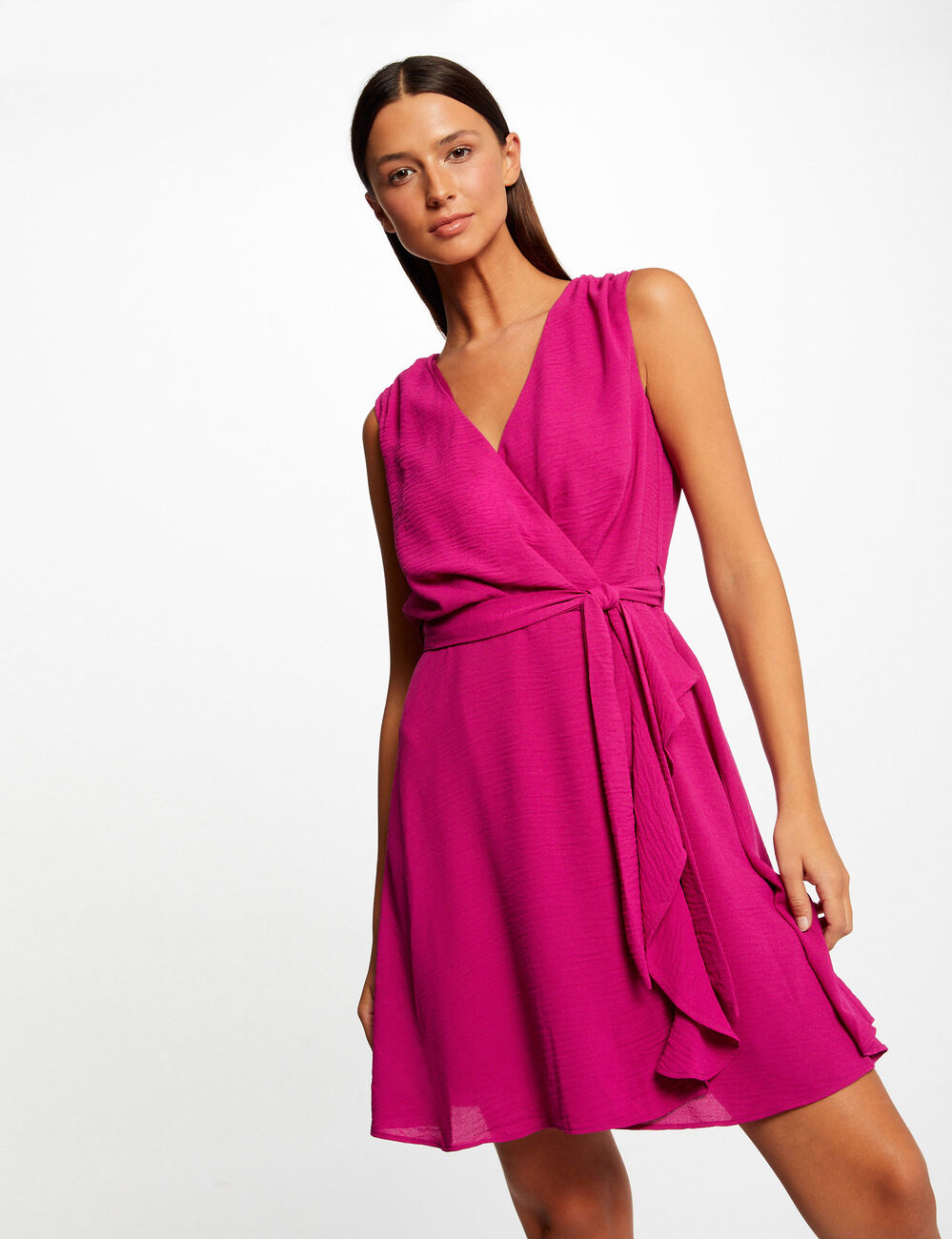 Robe portefeuille fluide ceintur&eacute;e framboise femme