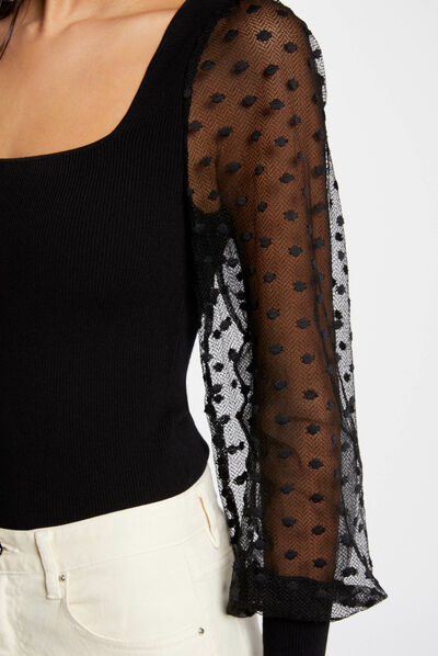 Pull manches longues à plumetis noir femme