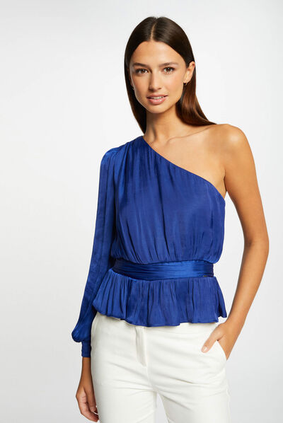 Blouse asymétrique smockée bleu electrique femme