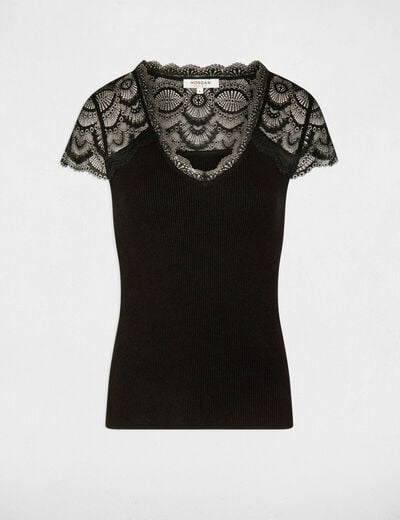 Pull manches courtes dentelle noir femme