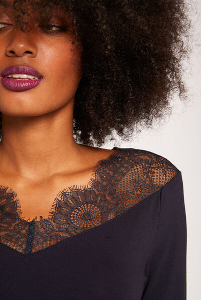 T-shirt manches longues col en dentelle marine femme