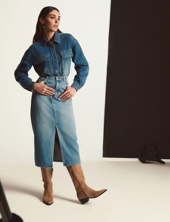 Jupe midi droite en jean denim stone femme
