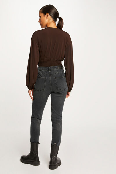T-shirt manches longues à détail bijou marron femme