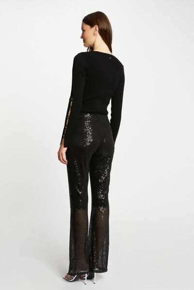 Pantalon large avec sequins noir femme