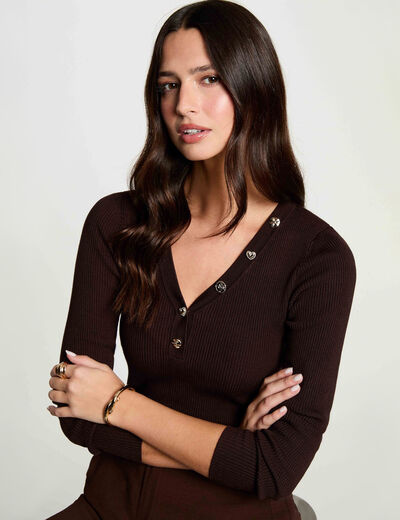 Pull col v fantaisie marron fonc&eacute; femme