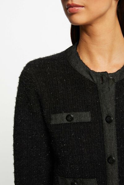 Gilet col rond boutonné noir femme
