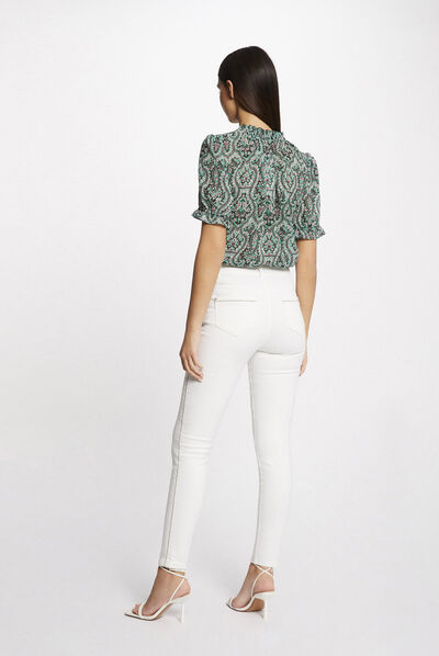 Jeans slim bandes bijoux ecru femme