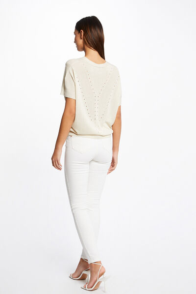 Pull manches courtes à col en V beige femme