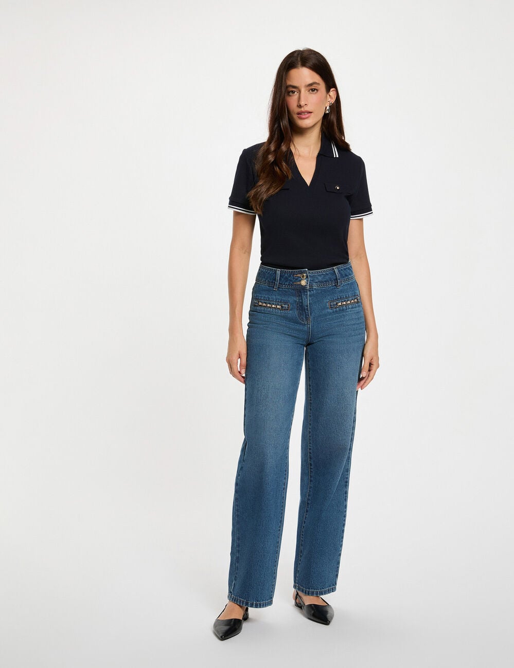 T-shirt polo cintr&eacute; bleu marine femme
