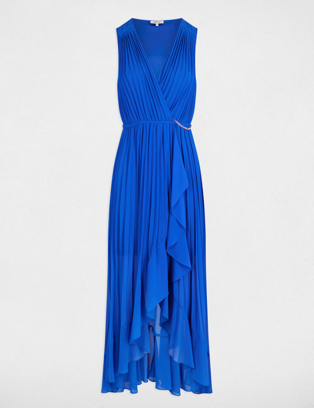 Robe longue fluide pliss&eacute;e bleu electrique femme
