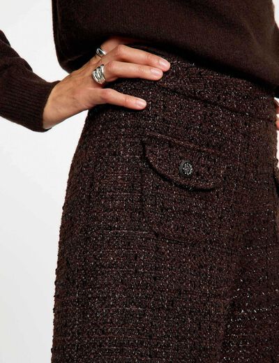 Short tweed taille haute marron fonc&eacute; femme