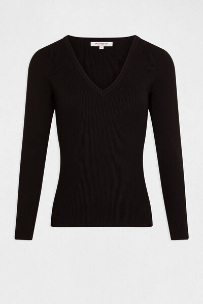 Pull manches longues bandes bijoux noir femme