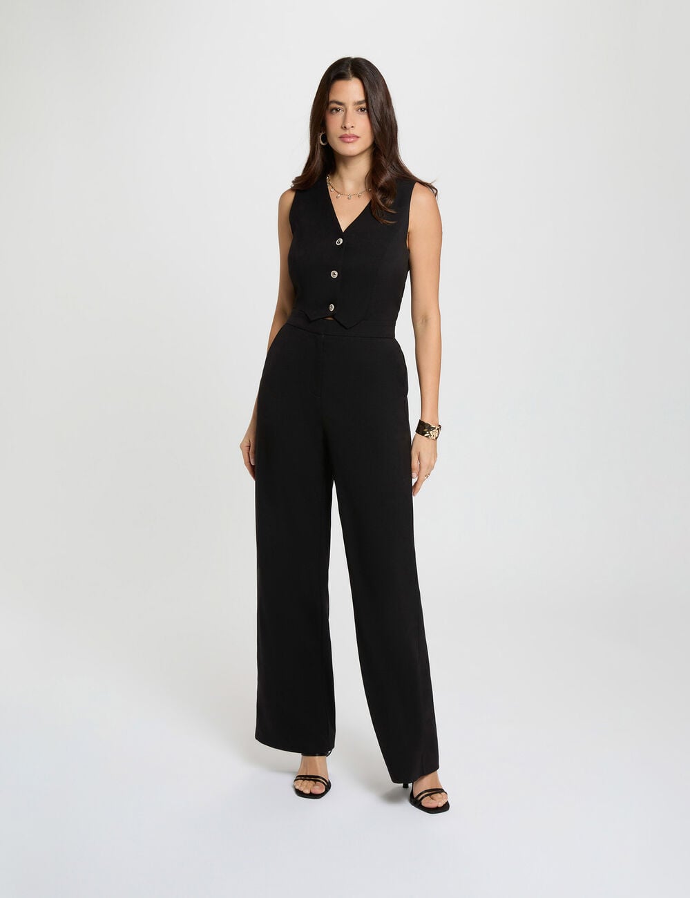 Combinaison longue col en V noir femme