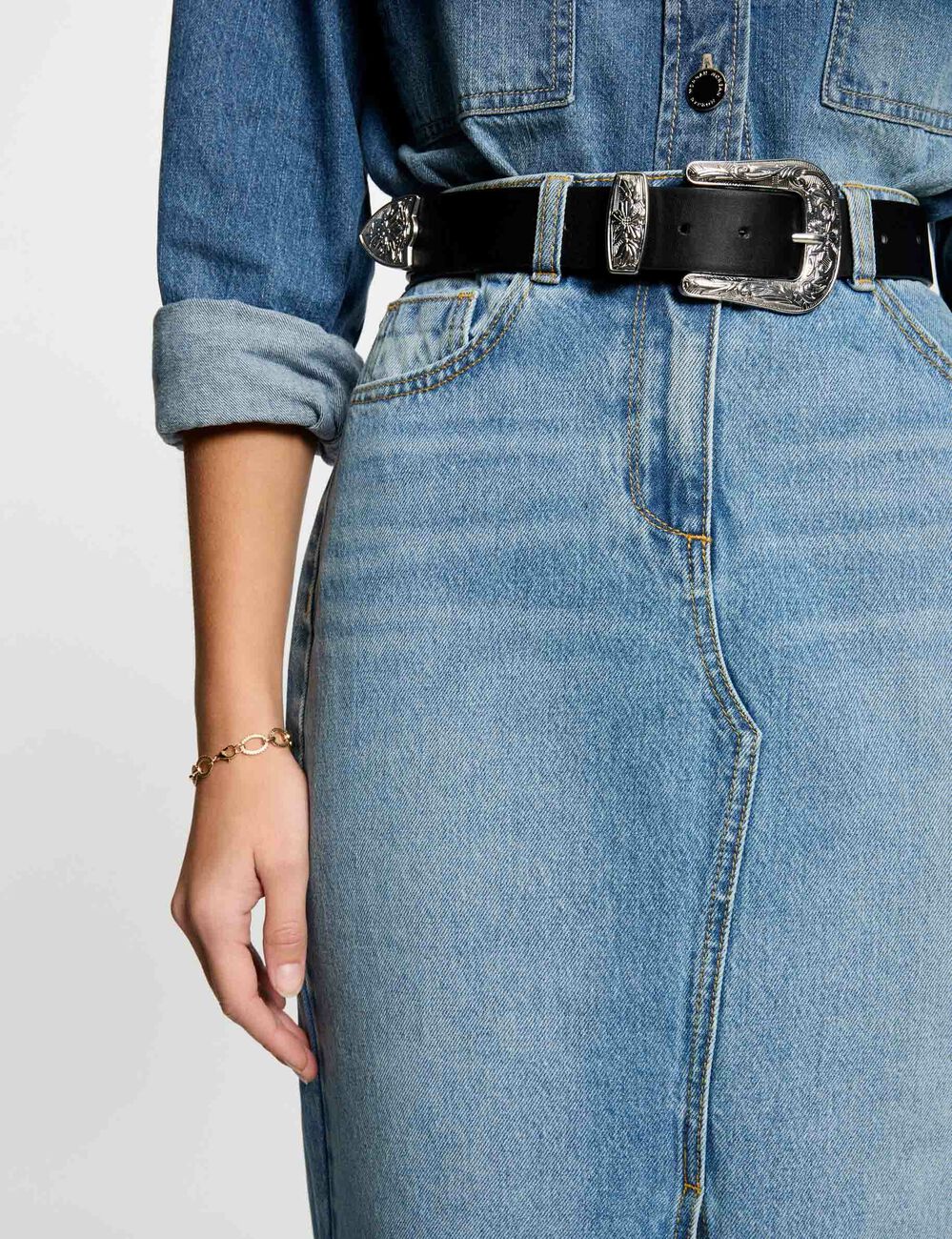 Jupe midi droite en jean denim stone femme