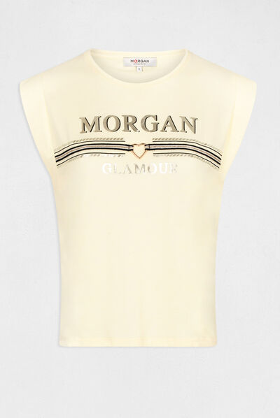 T-shirt manches courtes à inscription jaune paille femme