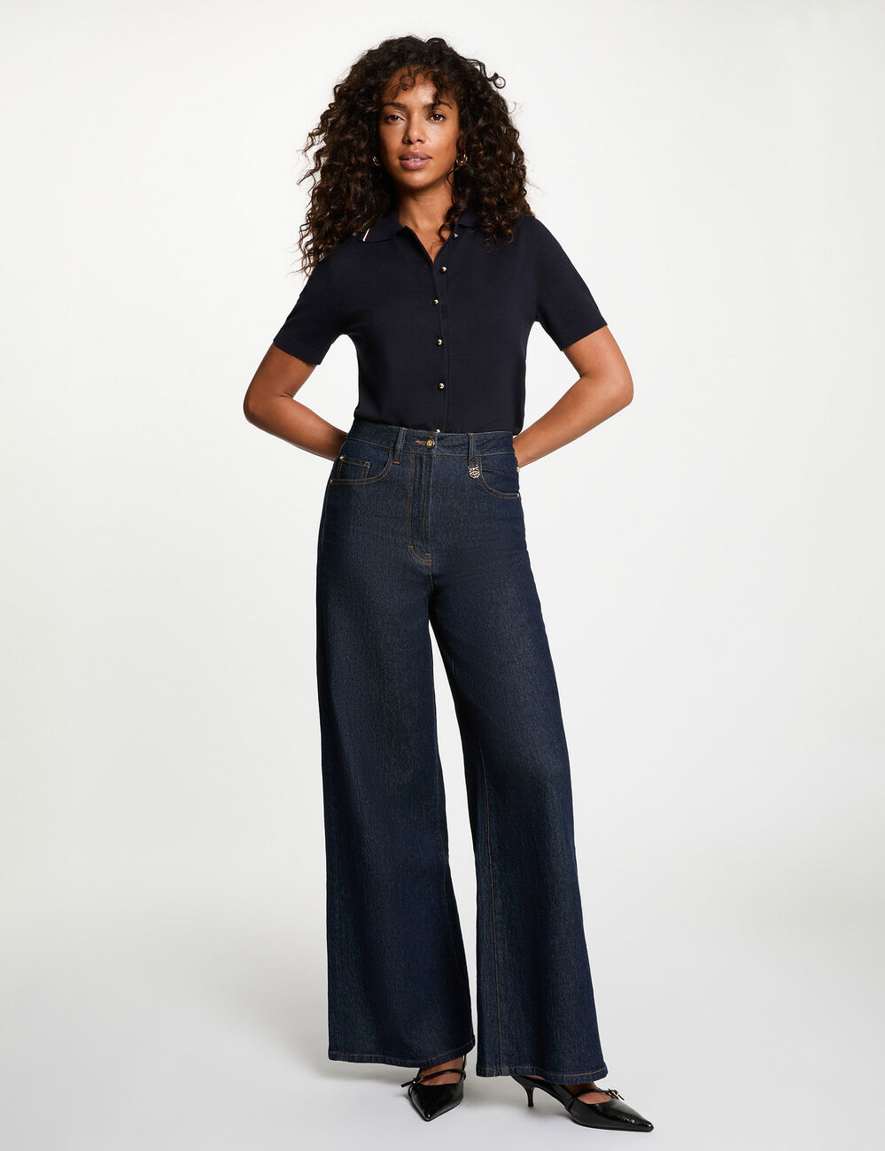 Pull col &agrave; revers bleu marine femme