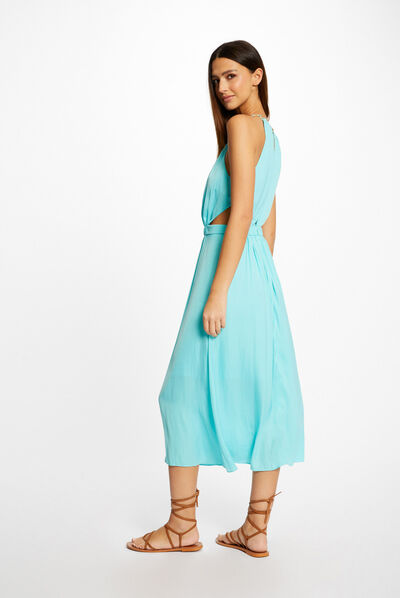 Robe midi évasée à encolure américaine bleu clair femme