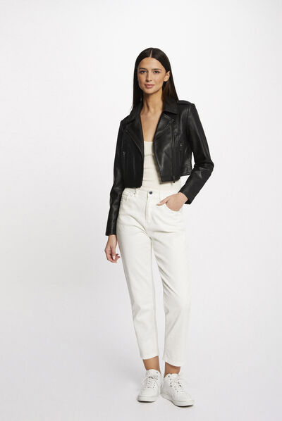 Blouson droit zippé simili cuir noir femme