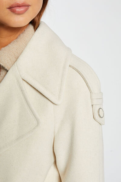 Manteau long cintré détails simili cuir ecru moyen femme
