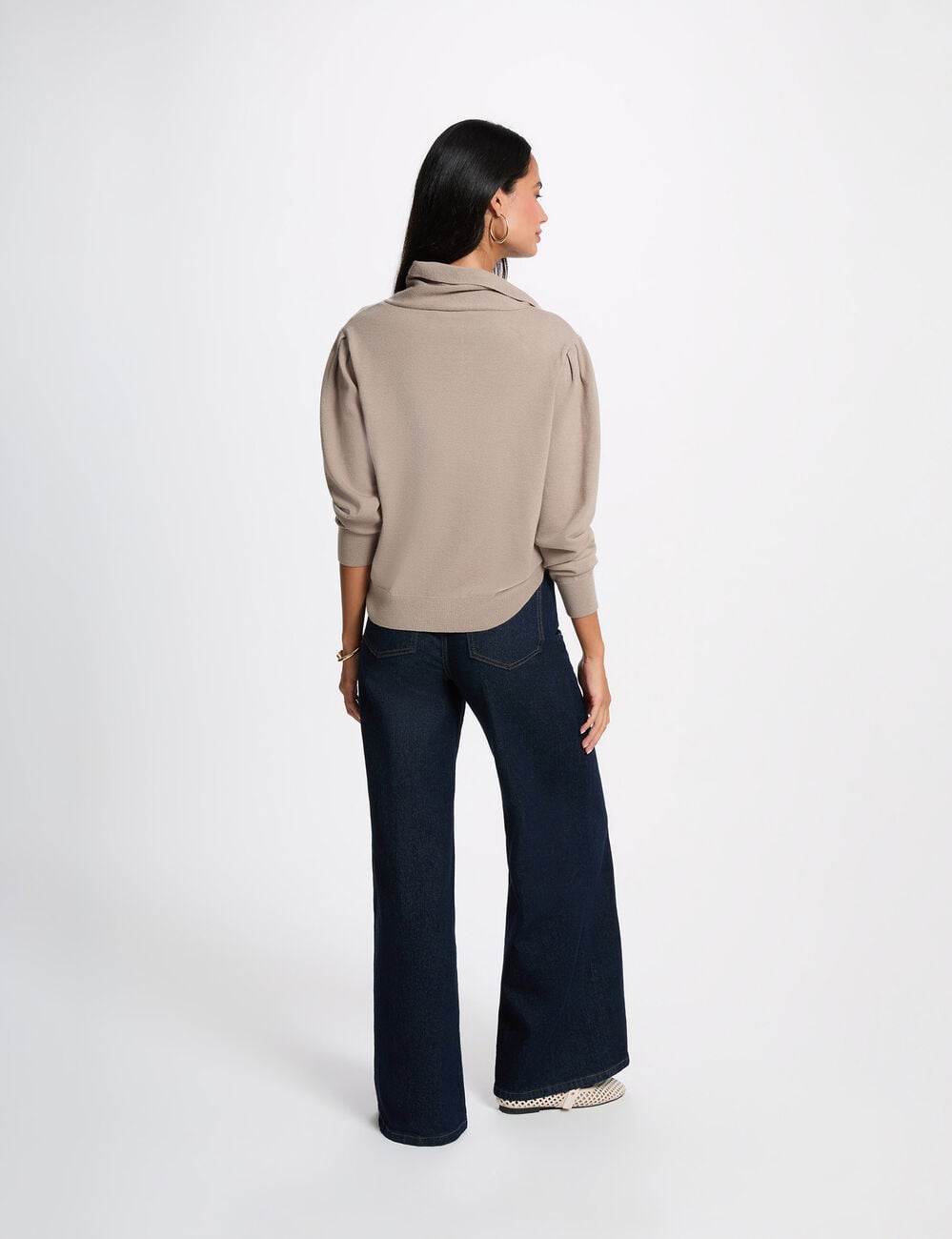 Pull col montant manches bouffantes taupe femme