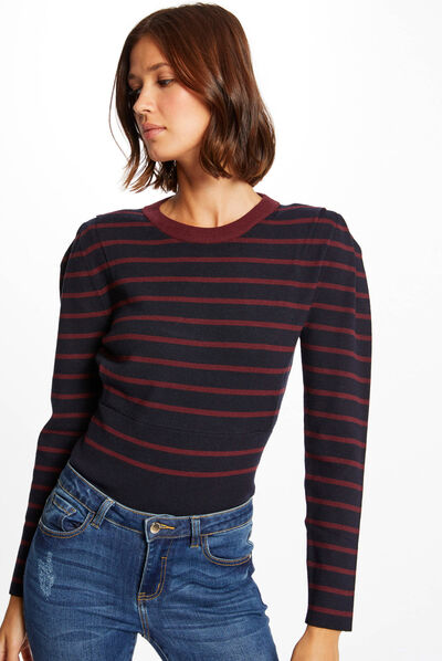 Pull manches longues à rayures marine femme