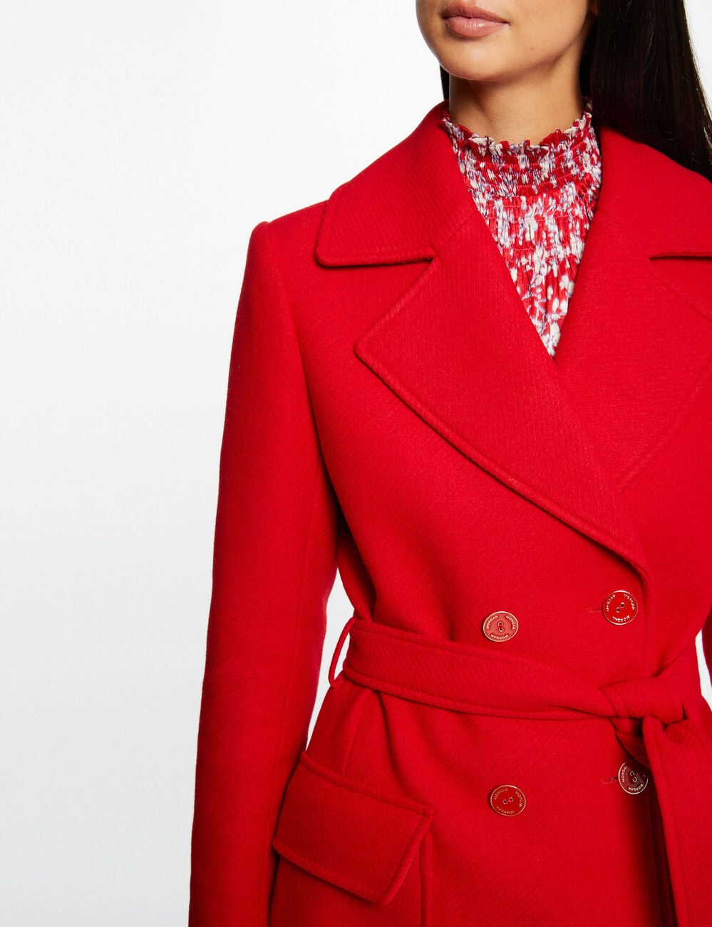 Manteau long cintr&eacute; ceintur&eacute; rouge femme