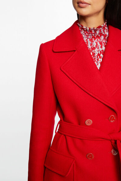 Manteau long cintré ceinturé rouge femme