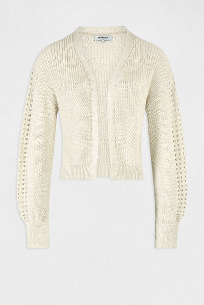 Gilet manches longues à détails ajourés beige femme