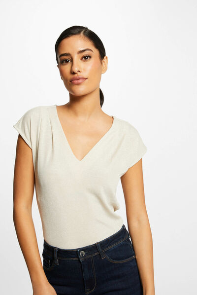 T-shirt manches courtes à col en V ivoire femme