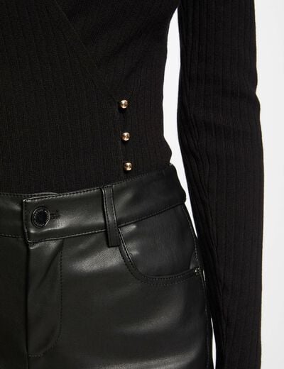 Pull manches longues col cache-coeur noir femme