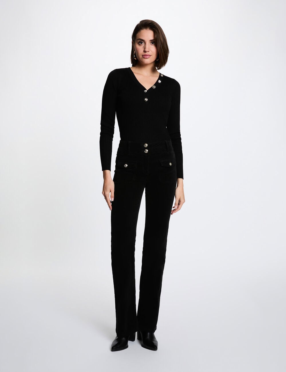Pull col v fantaisie noir femme
