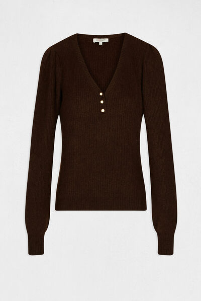 Pull manches longues à col en V marron fonce femme