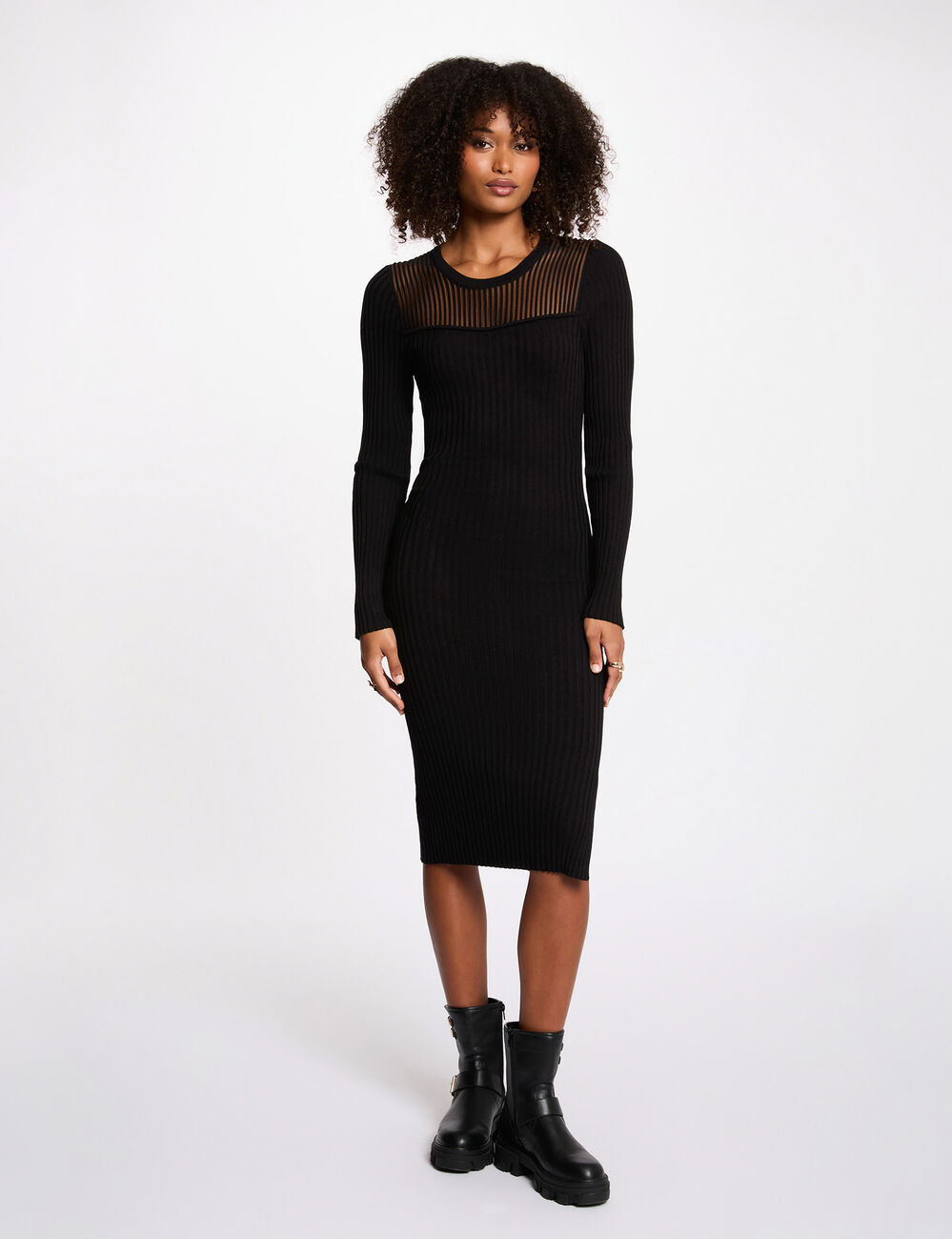 Robe tricot longue ajust&eacute;e noir femme