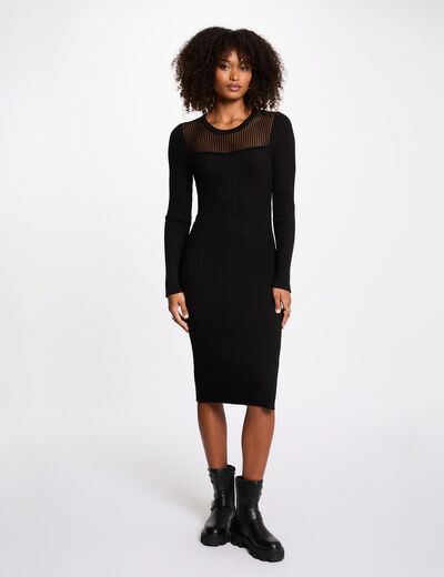 Robe tricot longue ajust&eacute;e noir femme