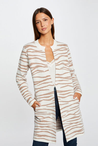 Gilet long imprimé zèbre ecru femme