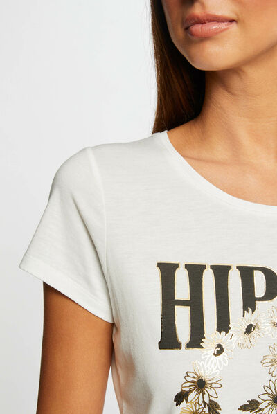 T-shirt manches courtes à inscription ecru femme