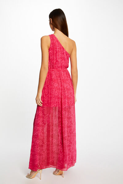 Robe longue évasée imprimé léopard rose femme