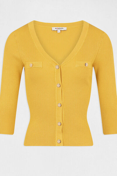 Pull manches 3/4 boutonné jaune femme