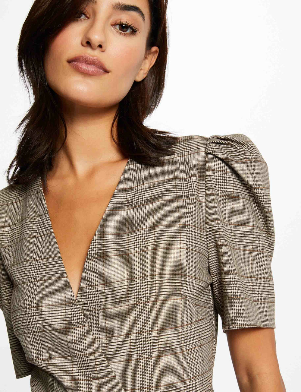 Robe portefeuille à carreaux marron femme