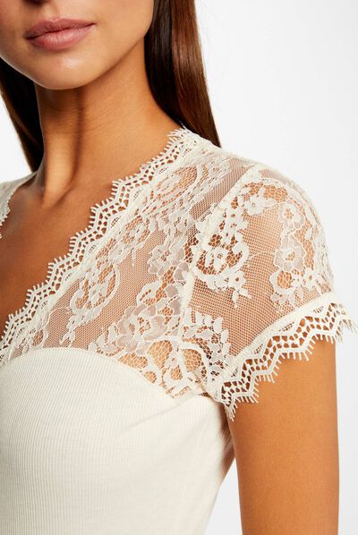 T-shirt manches courtes à dentelle ecru femme