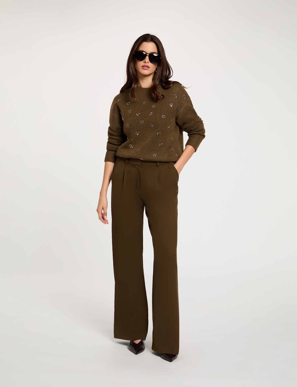 Pantalon large taille haute vert kaki femme