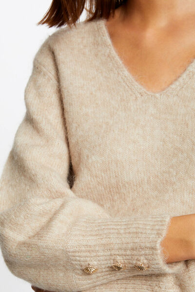 Pull manches longues à col en V beige femme