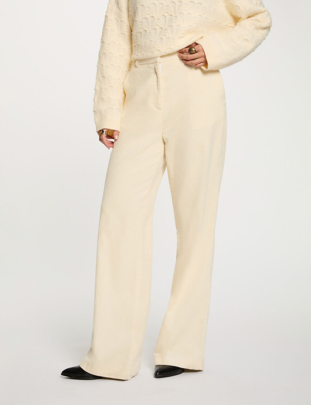 Pantalon large velours ecru femme
