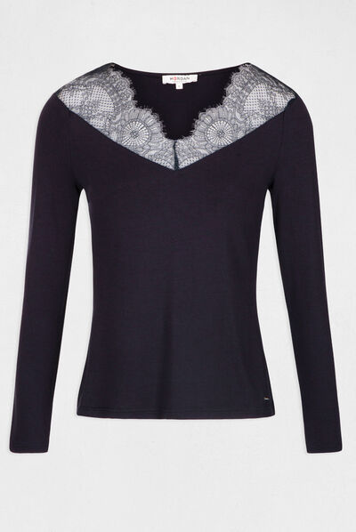 T-shirt manches longues col en dentelle marine femme