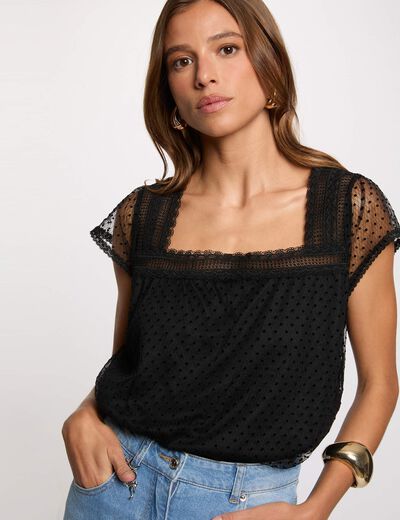 T-shirt dentelle encolure carr&eacute;e noir femme