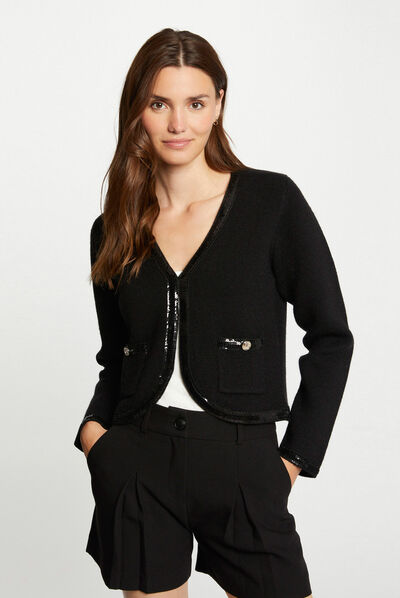 Gilet manches longues bandes sequins noir femme