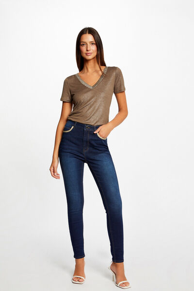 Jeans skinny à bandes métallisées jean brut femme