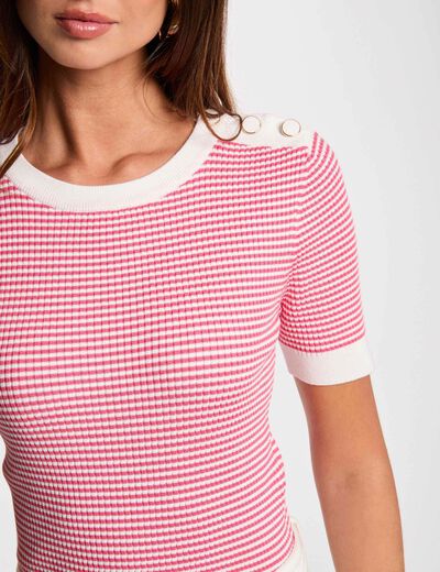 Pull col rond ray&eacute; rose fushia femme