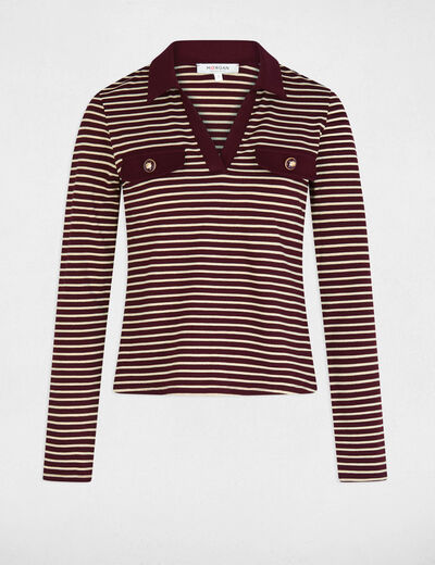 Polo manches longues ray&eacute; bordeaux femme
