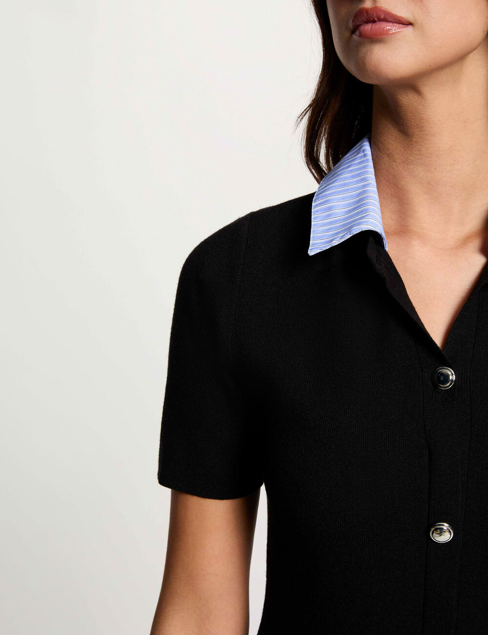 Robe tricot col chemise noir femme